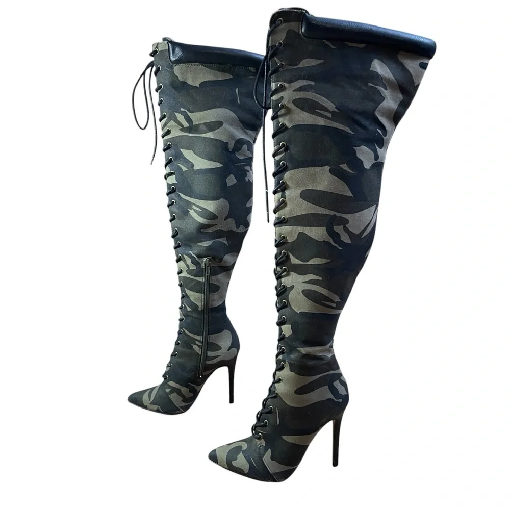 Over The Knee Camo Heels Lace Up‎ Boots | Clubwear Statement Shoes